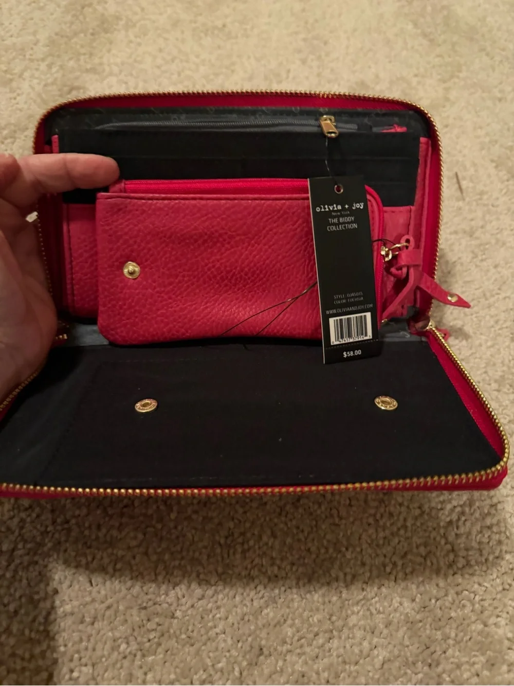 Olivia + Joy zip-around wristlet wallet pink textured faux leather gold hardware